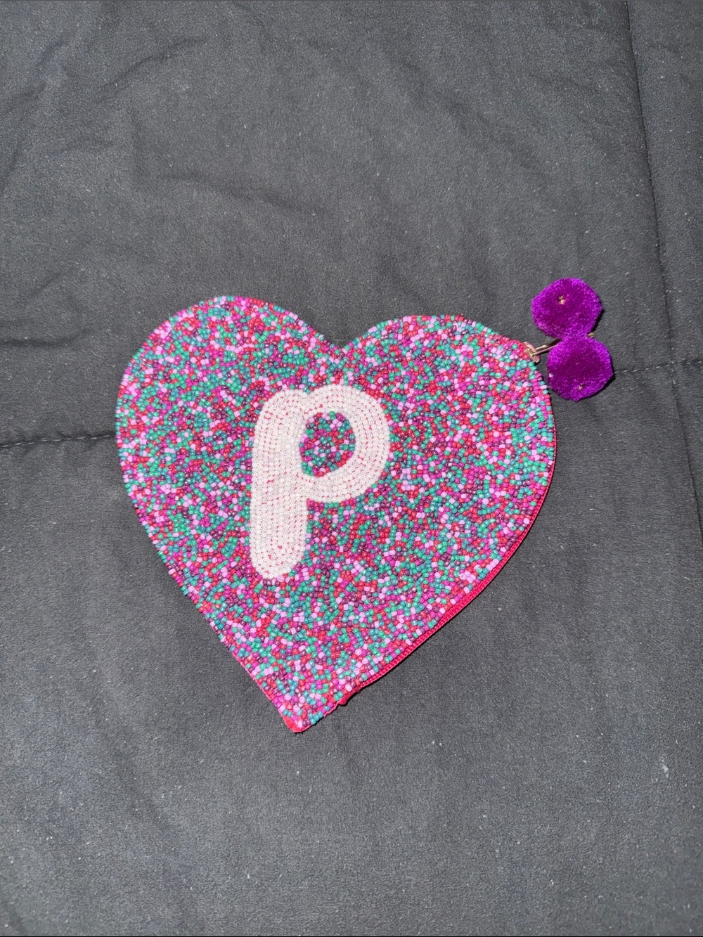 Heart Pouch with Pink 'P' Initial - Multicolor Glitter